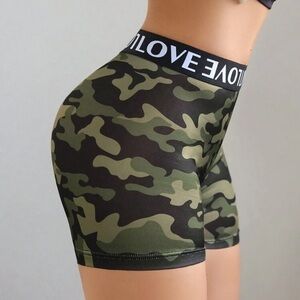 High Waist Sports Camouflage Print Contrast Letter Webbing Stitching Boyshorts